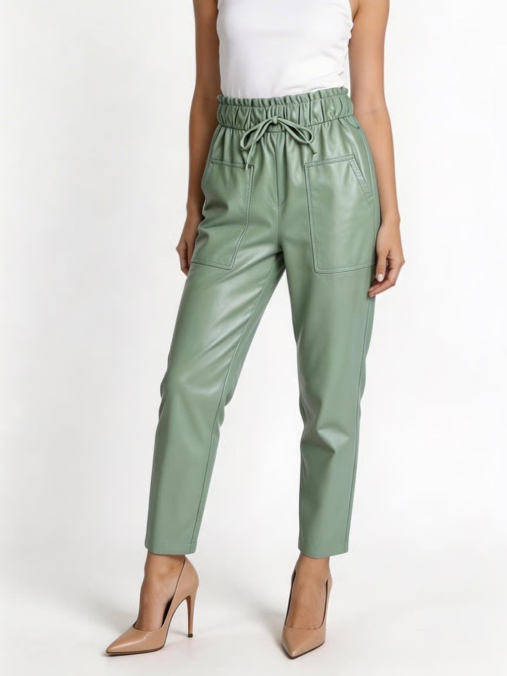LIKE AN ANGEL | Green Tapered Leg Paper Bag Faux Leather Pants Sz M